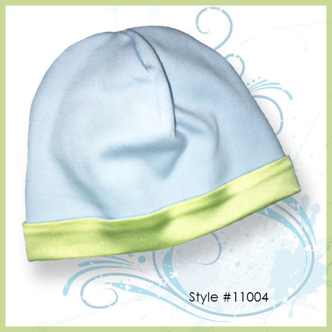 Alli.C, hypoallergenic 100% cotton blue baby boy beanie hat with lime green silk lining. Made to protect baby’s sensitive head.