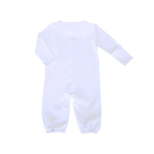 The back of Alli.C gender neutral white convertible baby playsuit with built-in mittens.