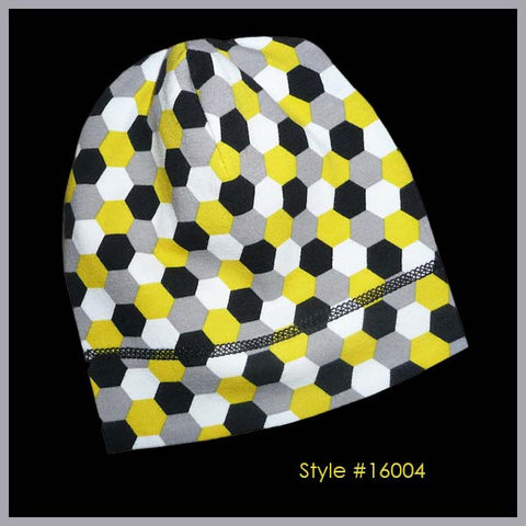 Our Beehive Baby Beanie Hat. Features a yellow, black, gray, and white octagon print, & is lined with yellow silk charmeuse.