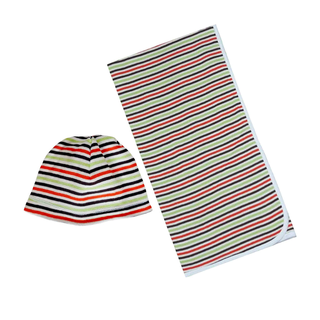 Alli.C, newborn striped baby blanket and matching hat gift set with white silk charmeuse lining on a white background.