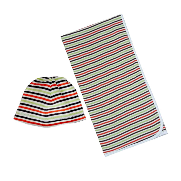 Alli.C, newborn striped baby blanket and matching hat gift set with white silk charmeuse lining on a white background.