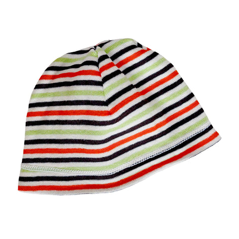 Alli.C, cotton baby beanie hat in brown, green, orange, & white stripes is lined with soft white silk charmeuse.