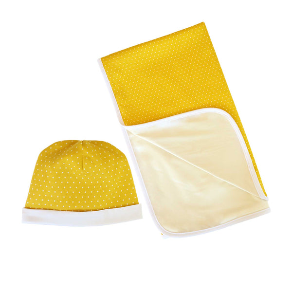 Alli.C, yellow with white polka dots baby hat and blanket gift set in 100% organic cotton, with white silk charmeuse lining.