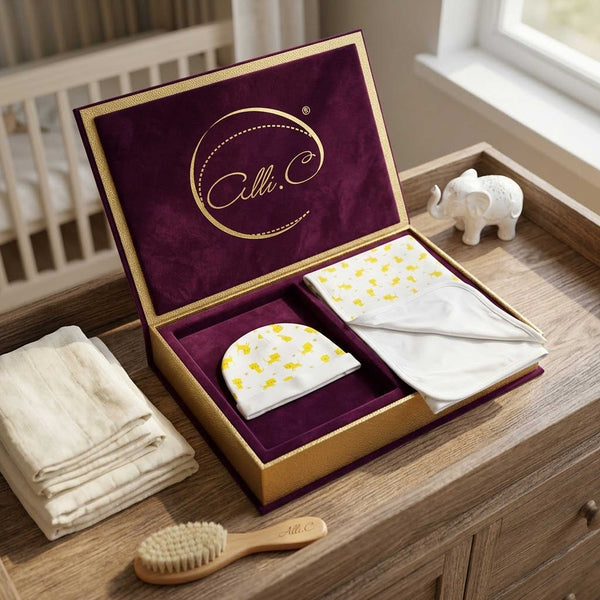 Alli.C Baby Gift Set with baby hat & blanket with kitty cat print in a purple &  gold box on a wooden dresser in baby room.