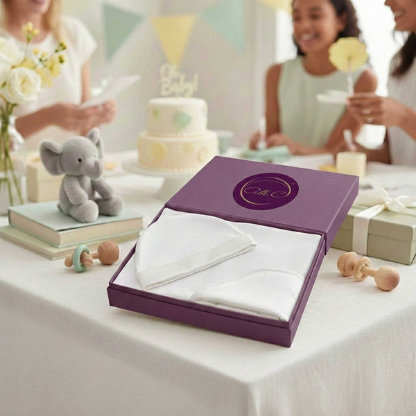 Alli.C, unisex baby gift set with baby hat & baby blanket with silk lining sitting on a gift table at a baby shower, with people in the background.
