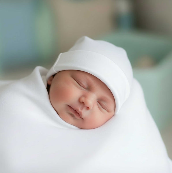 Newborn baby swaddled in the Alli.C white unisex baby blanket with silk lining and wearing our white baby hat with silk lining.