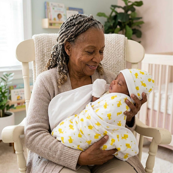 Grandmother holding a baby wrapped in a yellow kitty & white patterned baby blanket & wearing matching baby hat in a nursery.