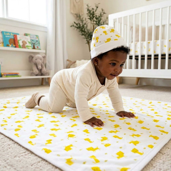 Baby crawling on the Alli.C kitty cat print baby blanket and wearing the matching baby hat with silk lining in a nursery.