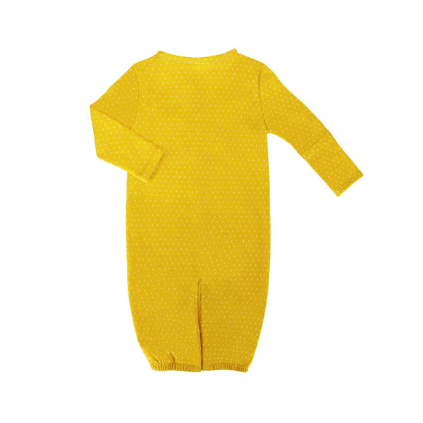 Back view of Alli.C layette convertible baby gown with built-in mittens. This cute baby gown is made from yellow 100% organic cotton with white polka dots.