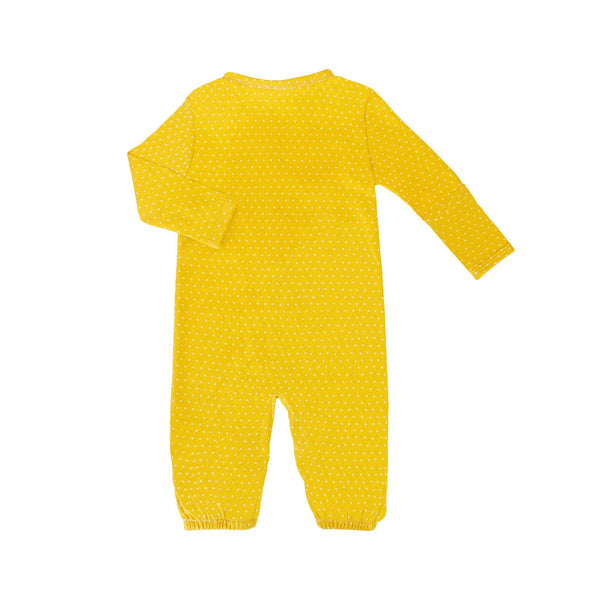 Back view of Alli.C gender-neutral baby play suit. This super soft layette play suit converts into a baby gown, and is made from 100% yellow organic cotton with white dot print.