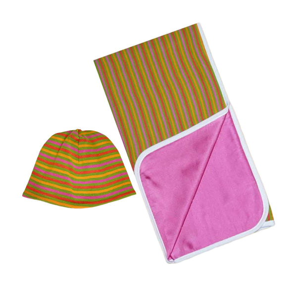 Alli.C, Avocado gift set. Including pink, green, orange & yellow striped baby hat & blanket with pink silk lining.