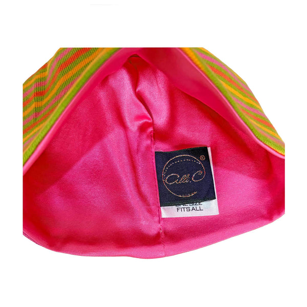 Alli.C, pink charmeuse silk lining inside the striped avocado baby hat.