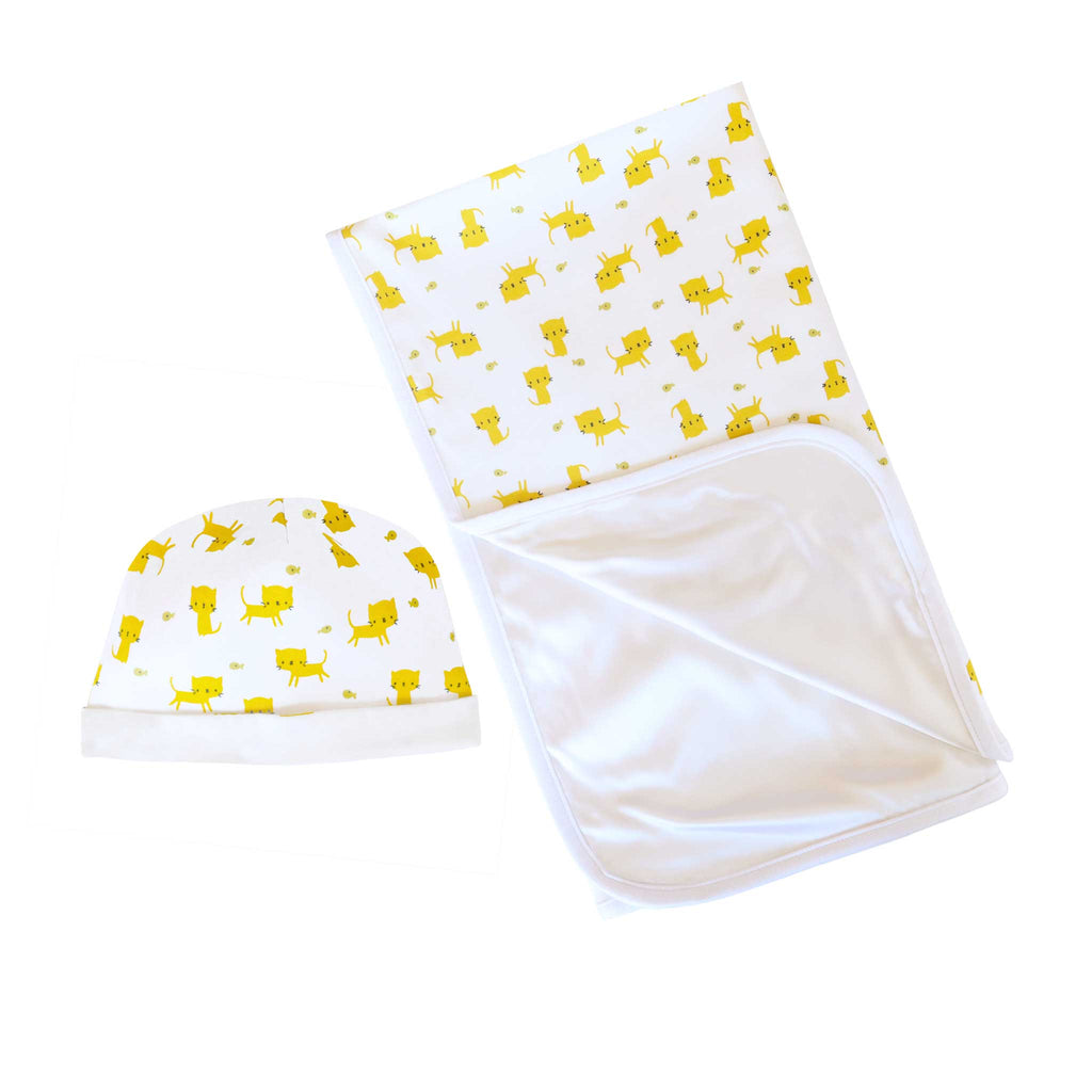 Alli.C, Kitty Cat print Baby Gift Set. White baby hat with yellow kitty print & matching baby blanket with white silk lining.