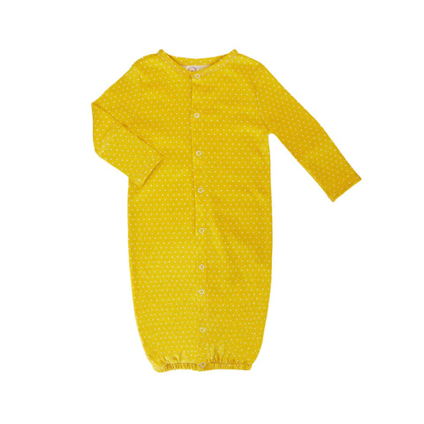 Alli.C layette, 100% organic cotton gender-neutral yellow polka dot baby gown that converts into a play suit.