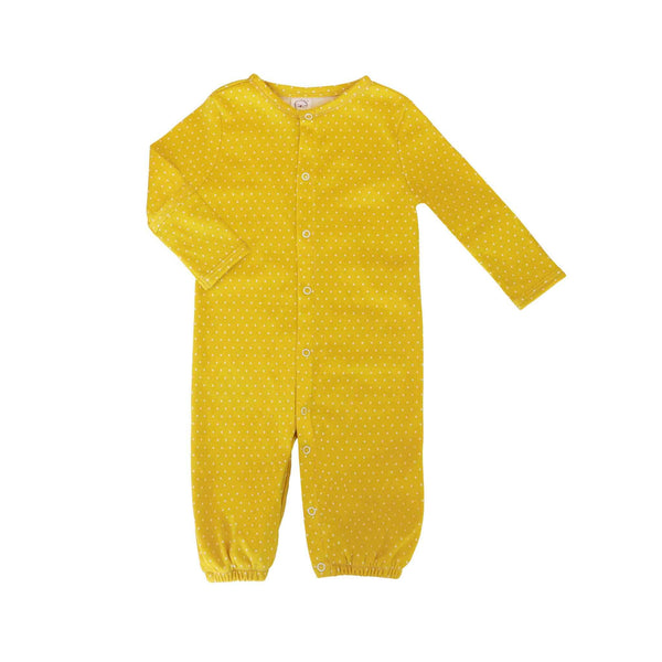 Alli.C, gender-neutral baby play suit with built-in mittens. Made from yellow 100% organic cotton with white dot print.
