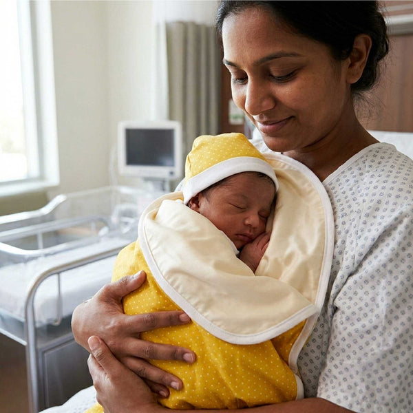 New mom holding her newborn baby wrapped in a yellow with white dots baby blanket & wearing matching baby hat with silk lining. In hospital room.