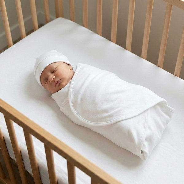 Newborn baby boy swaddled in an Alli.C white baby blanket with silk lining & wearing an Alli.C white baby hat with silk lining while in a wooden crib.