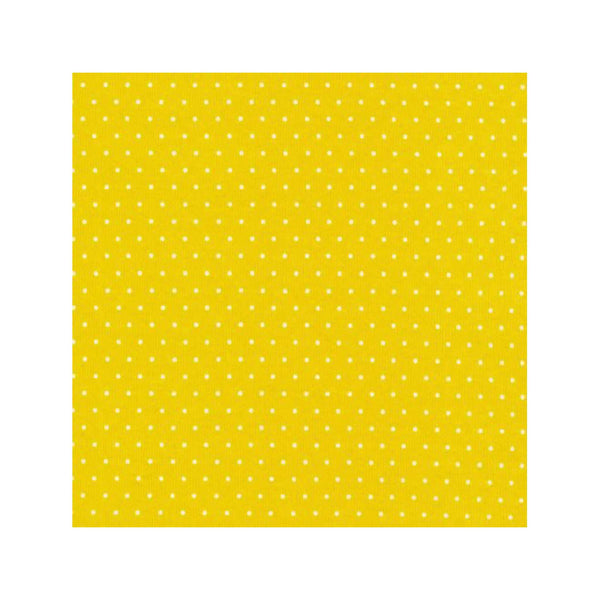 Fabric swatch of yellow 100% organic cotton with white polka dots that is used for Alli.C gender-neutral convertible baby gown.