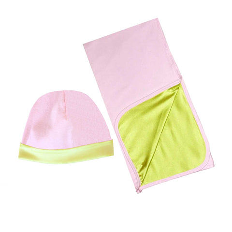 Matching, soft pink 100% Pima Cotton baby hat & baby blanket set, with light green silk charmeuse lining. Making a cute gift set for a baby girl.