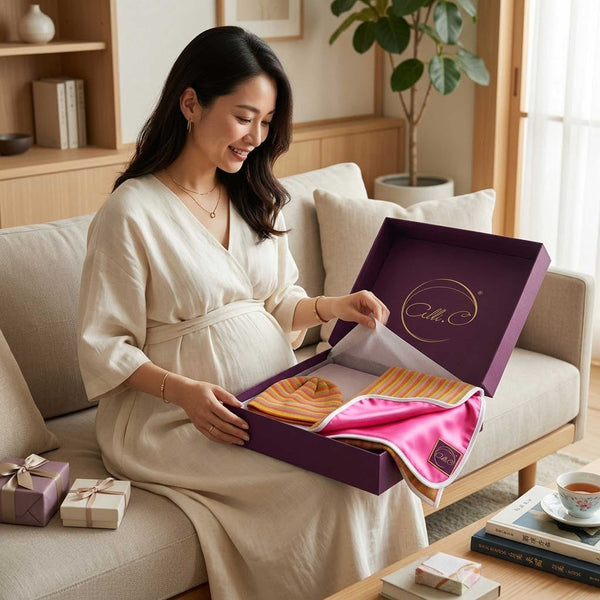 Expecting mom opening Alli.C gift box with the  Avocado baby gift set with colorful stripes & pink silk lining inside.