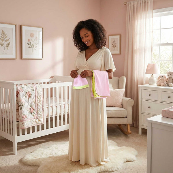 Pregnant, mom-to-be standing in baby’s nursery holding the Alli.C pink baby girl gift set. Featuring a pink baby blank & hat with green silk lining.
