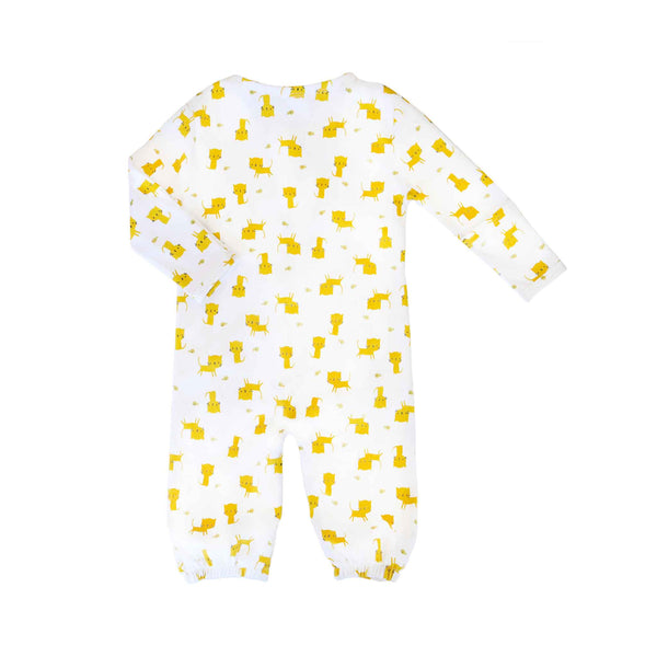 Gender-neutral baby playsuit with mittens made out of 100% Organic Cotton adorned with a kitty cat print. Back View.