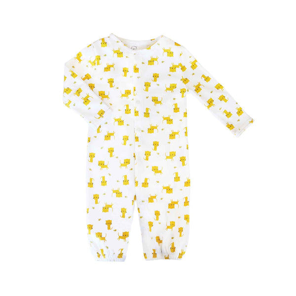Baby playsuit made out of 100% Organic Cotton with a yellow kitty cat print