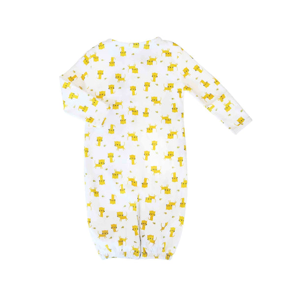 Unisex convertible baby gown with mittens, back view. Baby gown is made from 100% Organic Cotton with yellow kitty cat print.