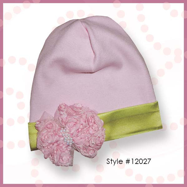 Alli.C, Ballerina Baby Hat is made of 100% pink Pima Cotton & lined with lime green silk. This hat features a pink rosette bow.