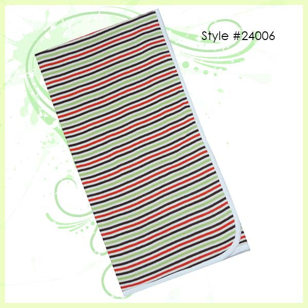 Alli.C 100% cotton, brown, green, orange, and white striped receiving blanket with white silk lining and white cotton binding.