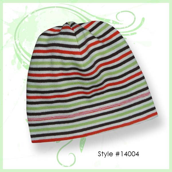 Alli.C, 100% cotton baby beanie hat in brown, green, orange, & white stripes is lined with luxuriously soft white silk charmeuse.