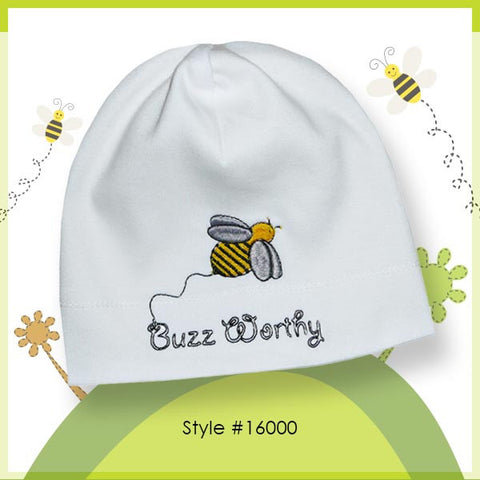 Alli.C Buzz Worthy embroidered Baby Hat is made from white1oo% cotton with a yellow silk lining & features an embroidered bee.