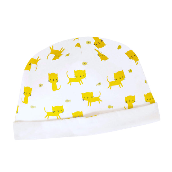 Alli.C, 100% organic cotton unisex cat print baby hat with white silk lining.