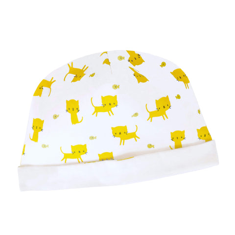 Alli.C, unisex baby hat with eco-responsible low-impact dye cat print, & white silk lining to aid in preventing baby bald spots.