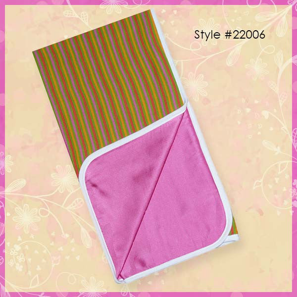 Alli.C, Avocado Receiving Blanket is multi-color striped 100% Cotton. This blanket has a bright pink silk-lining and finished with white binding.