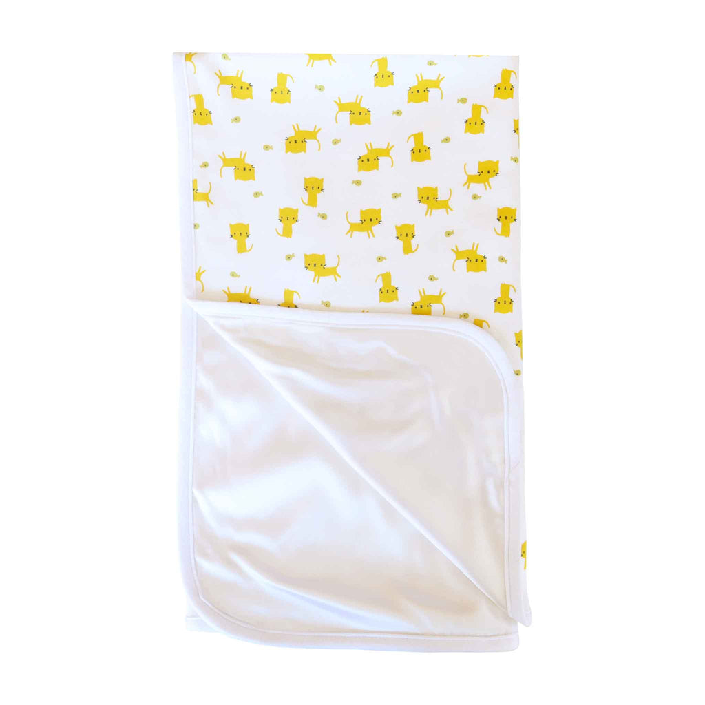 Alli.C, 100% organic cotton yellow kitty cat print gender-neutral baby blanket with white silk charmeuse lining and finished with white binding.