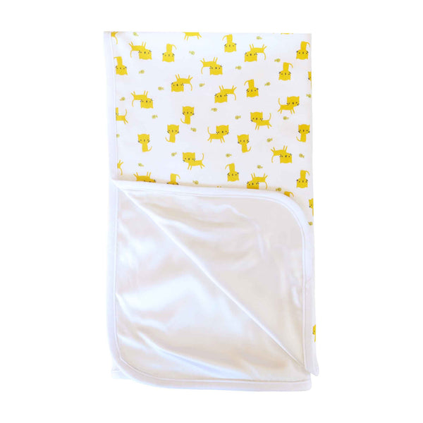 Alli.C, yellow kitty cat print gender-neutral baby blanket with white silk charmeuse lining and finished with white binding.