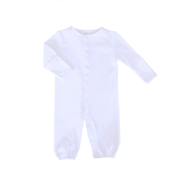 White layette 100% Pima Cotton convertible baby playsuit with built in mittens.