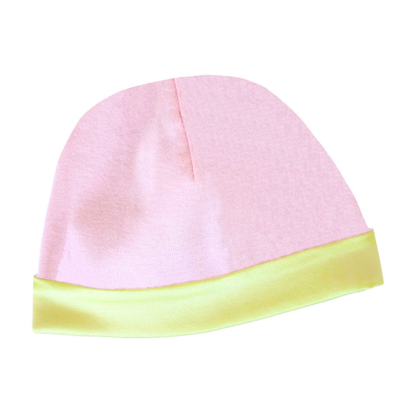 Pink 100% Pima Cotton baby hat with lime green silk lining. Made by Alli.C Children’s Clothing & designed to protect baby girl’s hair form bald spots.