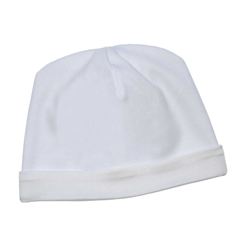 Alli.C, white 100% Pima Cotton gender-neutral baby beanie hat with white silk lining to aid in preventing baby bald spots. 