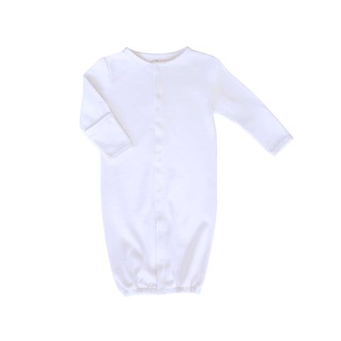 Alli.C, layette 100% white Pima Cotton convertible baby gown with snap closure down center front, and built in mittens.